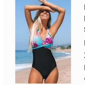 Floral and Black Halter One Piece Swimsuit